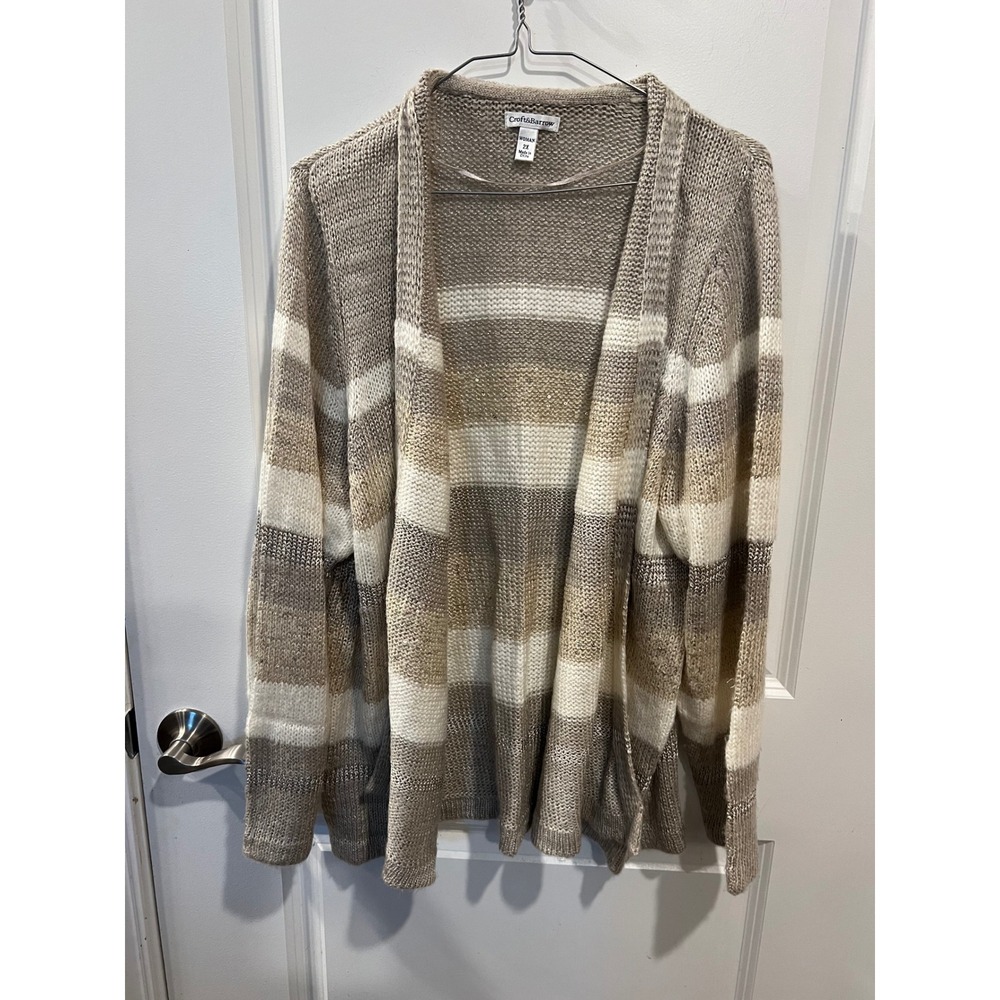Croft & Barrow Woman Cardigan Sequin Stripe Beige Tan 2X